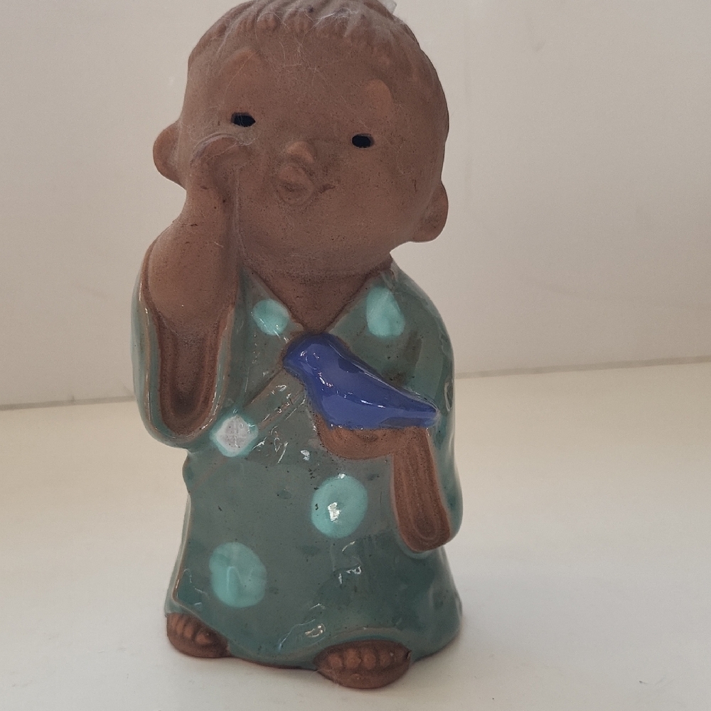 Vintage Japanese Whistling Girl Ceramic Figurine with Blue Bird